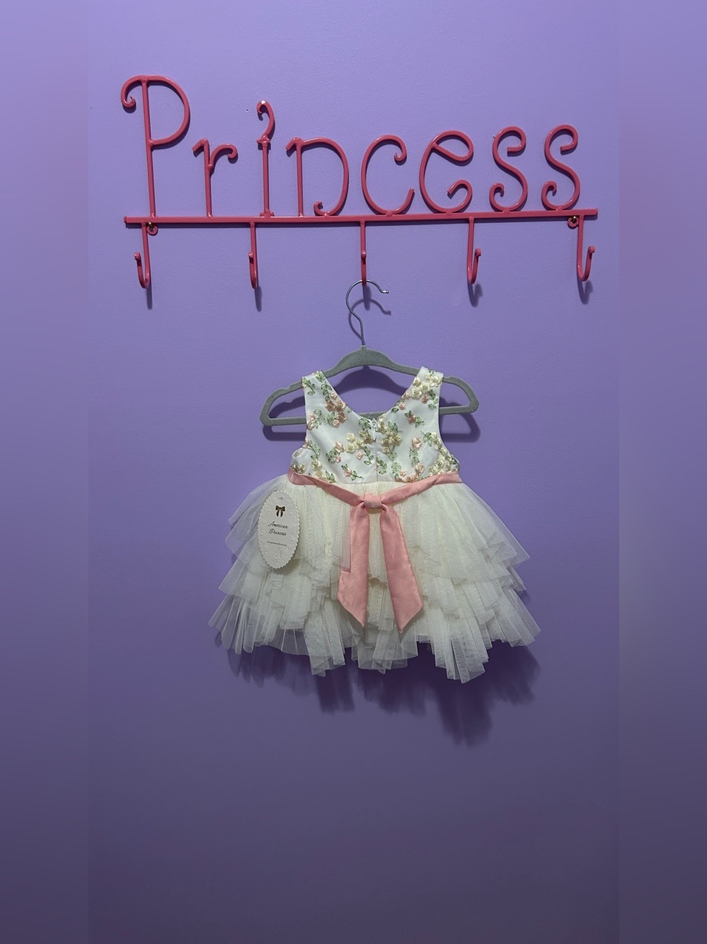American Princess Cream Dress with Pink and Green Floral Embroidery